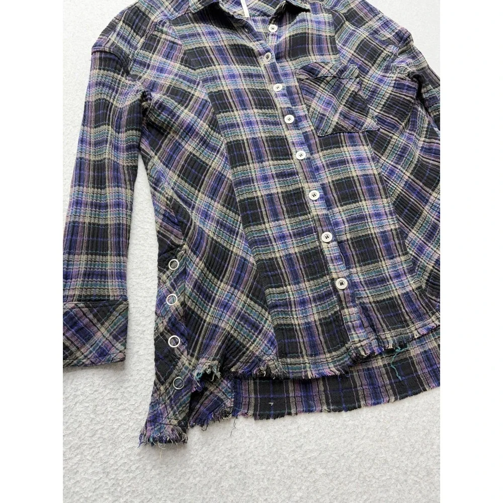 Free People Shirt Womens XS Purple Plaid Button Front Frayed Hem Tunic‎ Top